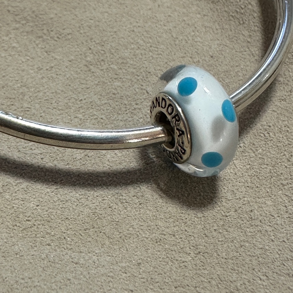 Pandora 925 Sterling Silver Murano Glass Charm Blue and White Polka Dot